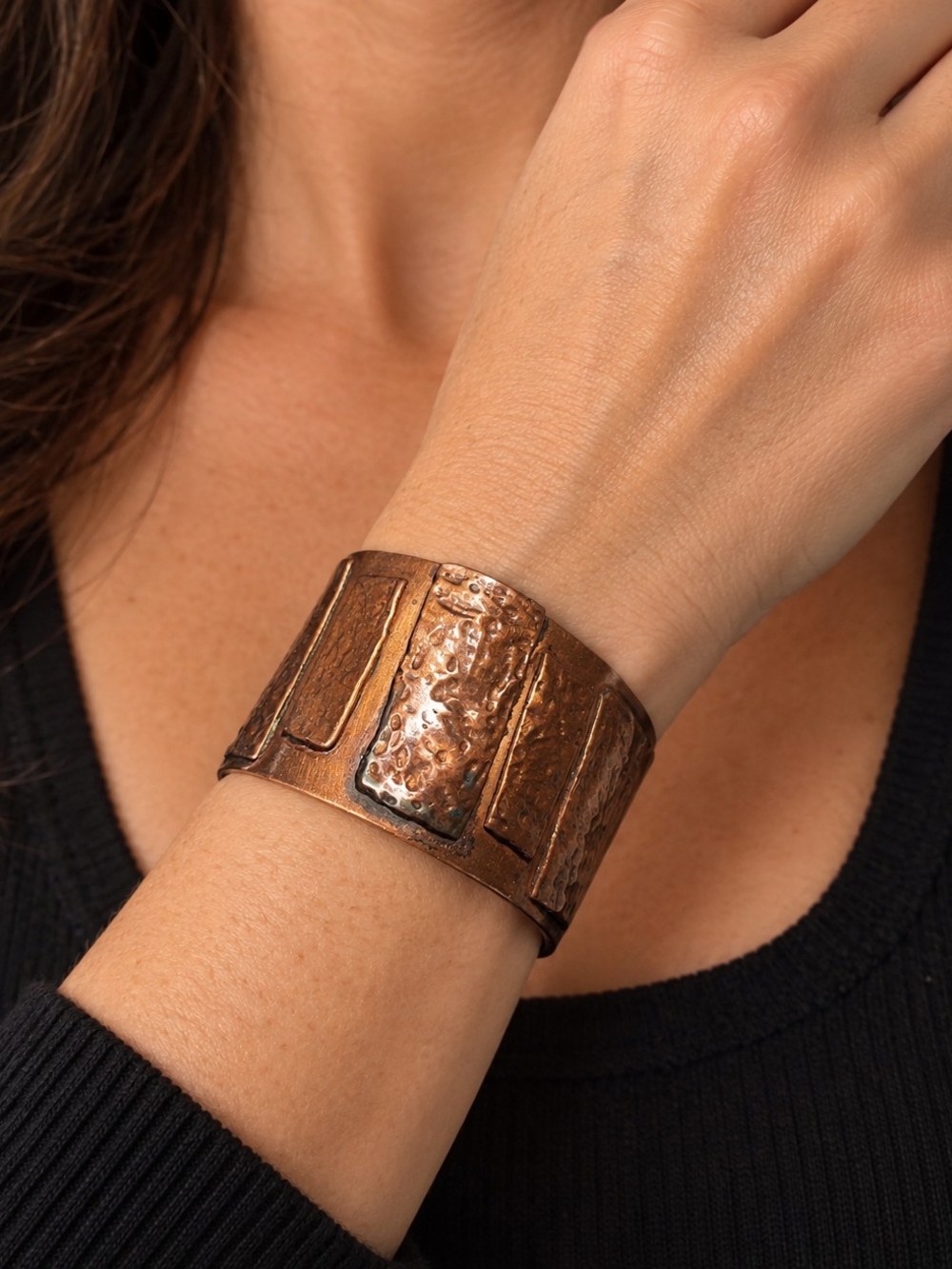 Vintage Mid Century Modern Wide Copper Panel Cuff Bracelet Brutalist Handmade